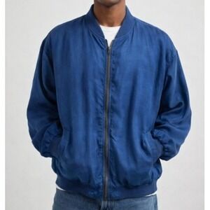 Vintage Montage Pour Homme 100% Silk Bomber Jacket Mens L Blue Full Zip Dadcore